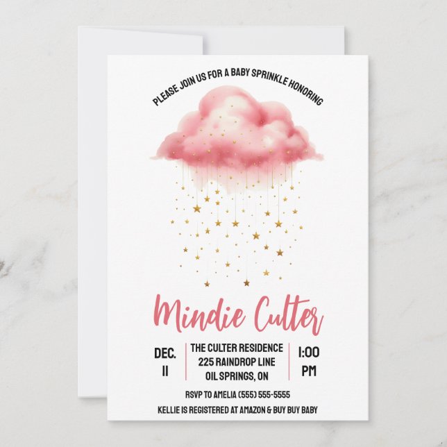 Invitation Nuage de pluie rose mignon avec étoiles d'or Étoil (Devant)
