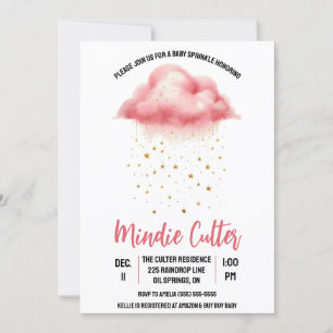 Invitation Nuage de pluie rose mignon avec étoiles d'or Étoil
