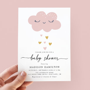 Invitation Nuage mignon et Coeurs Baby shower rose et or