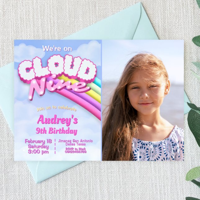 Invitation Nuage Neuf - 9e anniversaire avec photo (Cloud Nine - 9th Birthday with Photo Invitation)