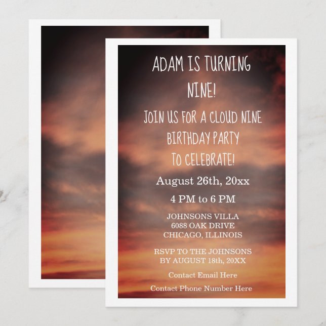 Invitation Nuage Neuf Anniversaire Fête 9e Neuvième Âge Perso (Devant / Derrière)
