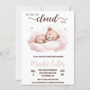 Invitation Nuage Neuf, Couchage rose Baby shower Ours Teddy