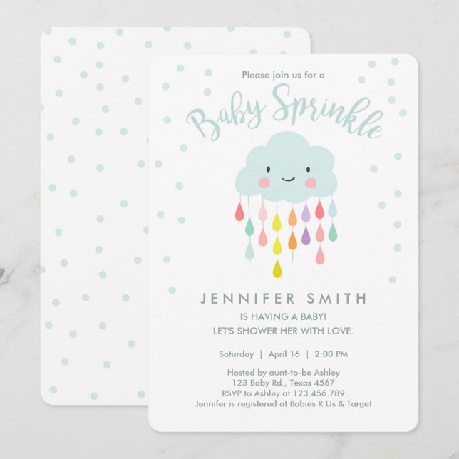 Invitation Nuage Raindrops Rainbow Neutral Baby Sprinkel (Devant / Derrière)
