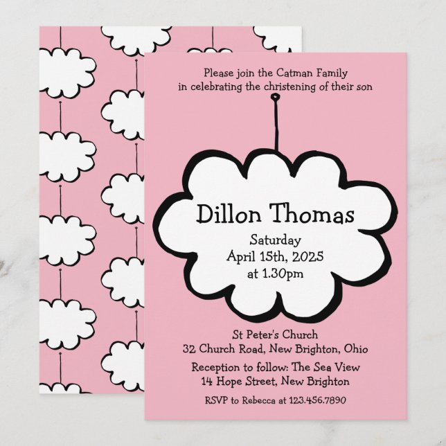 Invitation Nuage rose sur un baptême baptisant à cordes (Devant / Derrière)