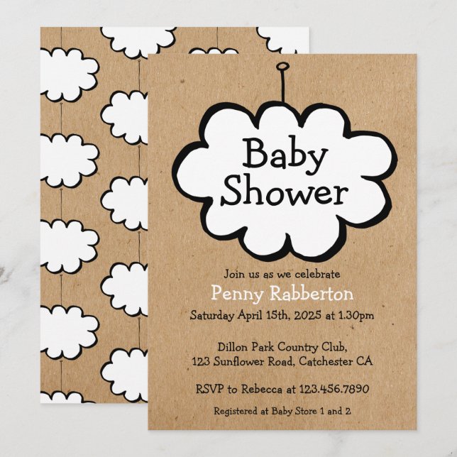 Invitation Nuage sur un Baby shower Kraft rustique à cordes (Devant / Derrière)