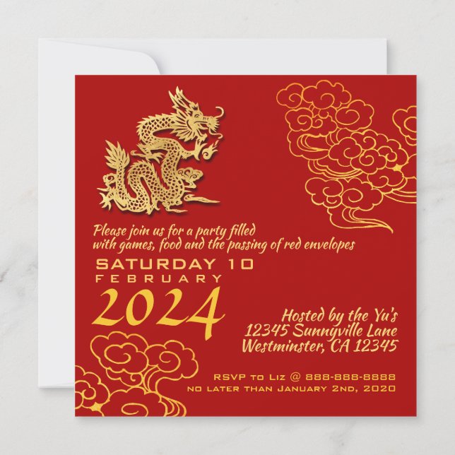 Invitation Nuages Auspicious Dragon de Nouvel An Chinois 2024 (Dos)