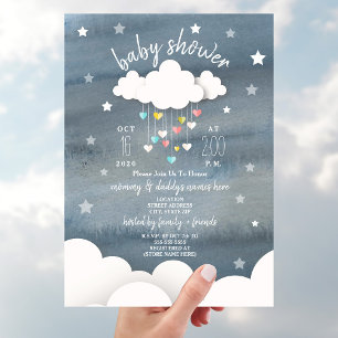 Invitation Nuages Coeurs + Etoiles Baby shower neutre
