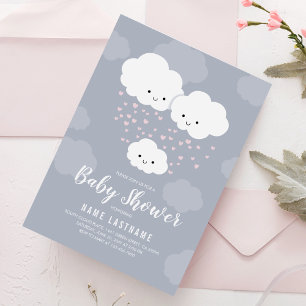Invitation Nuages coeurs roses Famille Couple Baby Shower Fil