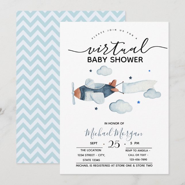 Invitation Nuages d'avion Zigzag Baby shower virtuel (Devant / Derrière)