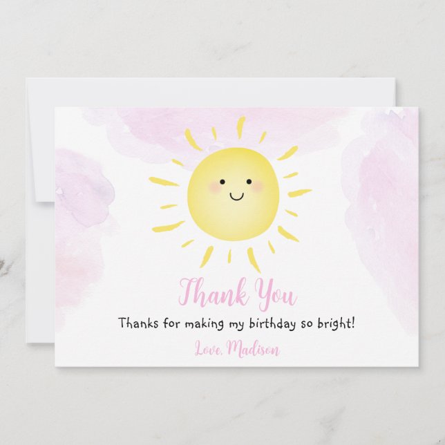 Invitation Nuages de soleil rose Merci d'anniversaire (Devant)