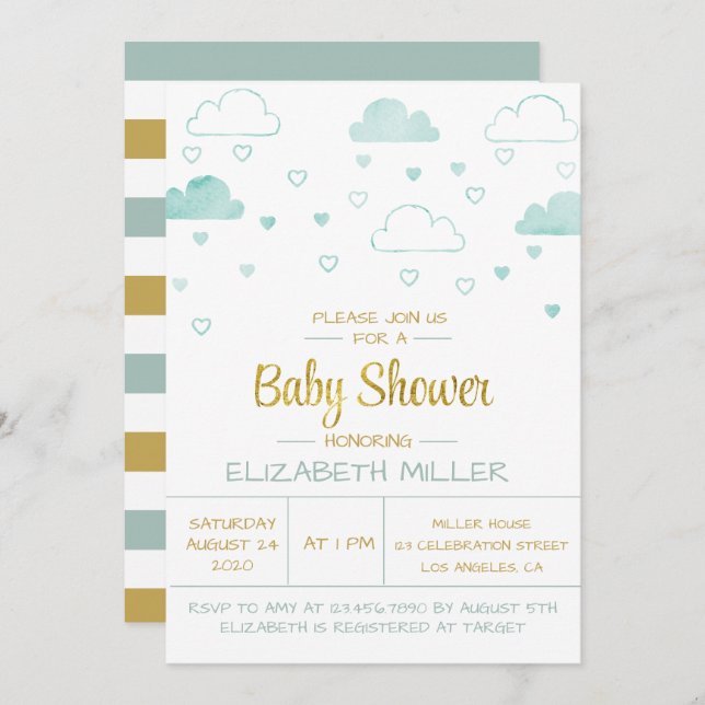 Invitation Nuages et Coeurs Baby shower bleu et or (Devant / Derrière)