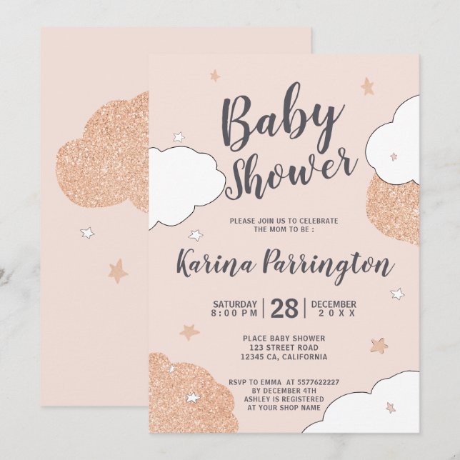 Invitation nuages rose or rose étoiles fille baby shower (Devant / Derrière)