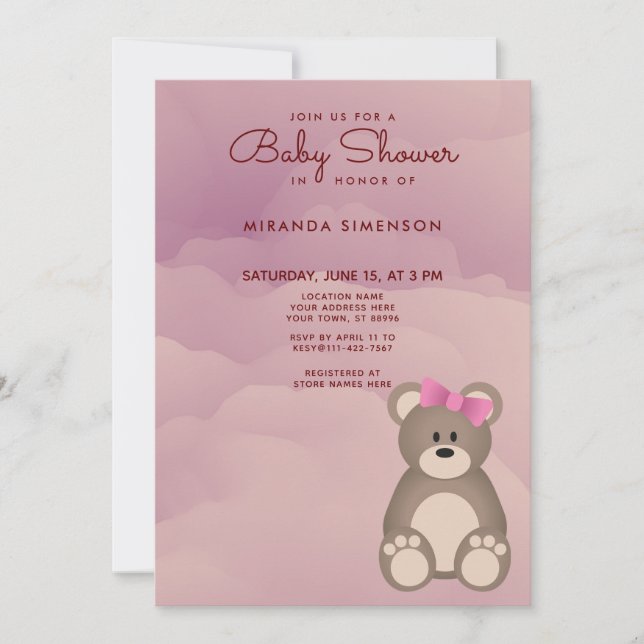 Invitation Nuages roses Baby shower Ours Teddy mignon (Devant)