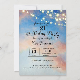 Invitation Nuages roses dans le ciel   21e anniversaire Bleu