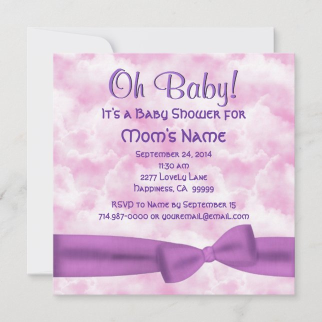 Invitation Nuages violets roses Bow et Leopar Baby Girl Show (Devant)