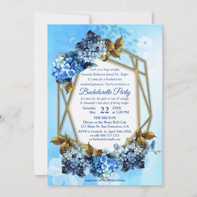 Invitation Nuances d'aquarelle bleue Hydrangeas Bachelorette (Devant)