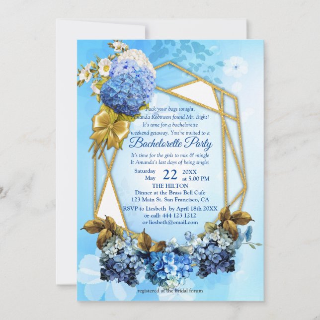 Invitation Nuances d'aquarelle bleue Hydrangeas Bachelorette (Devant)