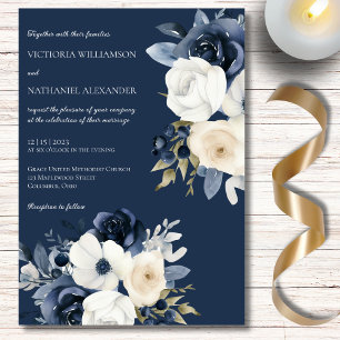 Invitation Nuances de bleu et blanc floral sur mariage Navy