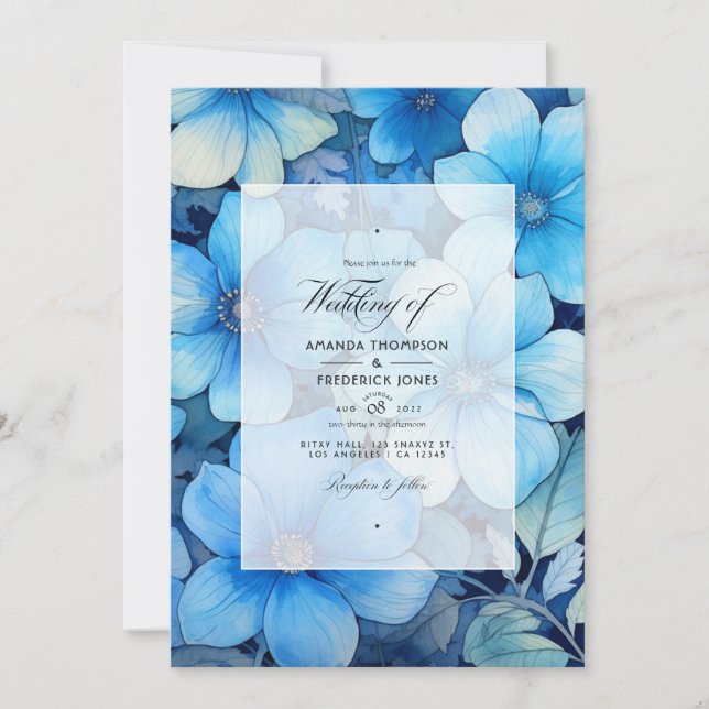 Invitation Nuances de Mariage floral bleu (Devant)