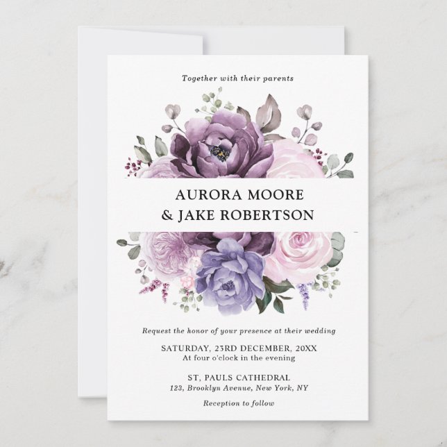 Invitation Nuances de pourpre Dusty fleurs Moody Floral Maria (Devant)