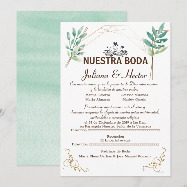 Invitation Nuestra Boda (Devant / Derrière)