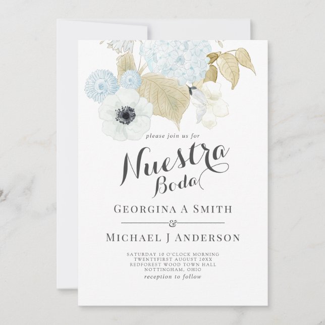 Invitation Nuestra Boda Bleu Blanc Floral Mariage espagnol (Devant)