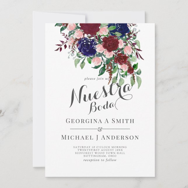 Invitation Nuestra Boda - Bleu Bourgogne Mariage Espagnol Inv (Devant)