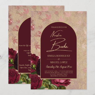 Invitation Nuestra Boda Bourgogne Floral Roses Rouges Vintage