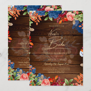 Invitation NUESTRA BODA Burgundy Blue Floral Wedding INVITE