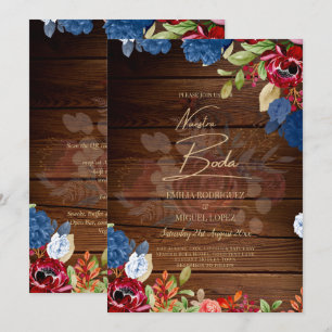 Invitation NUESTRA BODA Burgundy Blue Floral Wedding INVITE