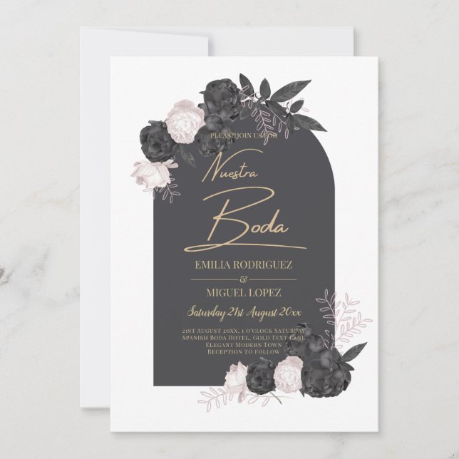 Invitation NUESTRA BODA Gris Blusch rose Roses Espagnol (Devant)