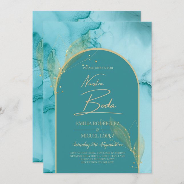 Invitation NUESTRA BODA Turquoise Turquoise Gold Wedding INVI (Devant / Derrière)