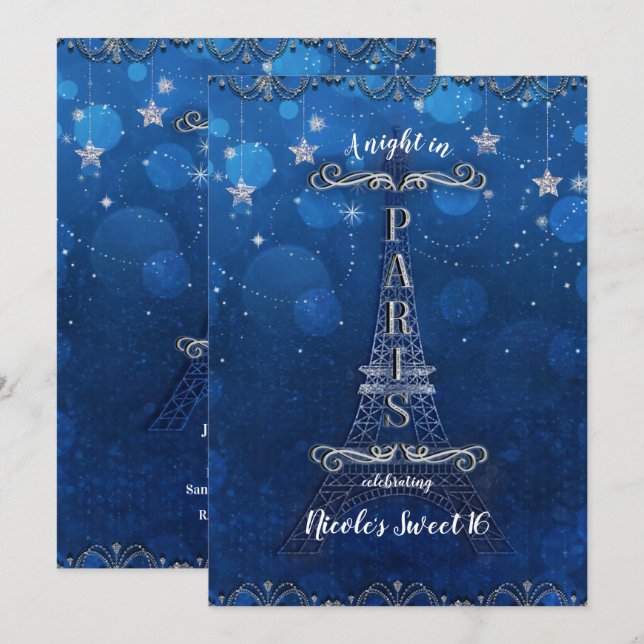 Invitation Nuit à Paris sous les étoiles Blue Silver Party (Devant / Derrière)