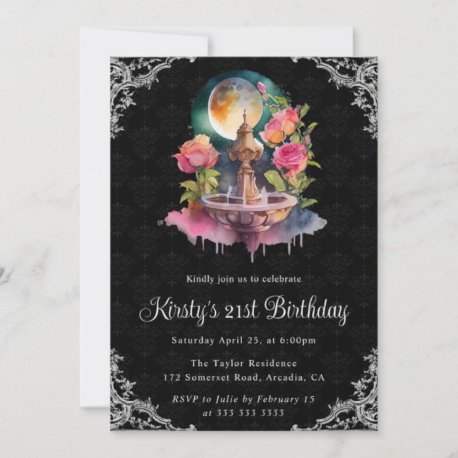Invitation Nuit Aquarelle Fontaine Florale 21e Anniversaire (Devant)