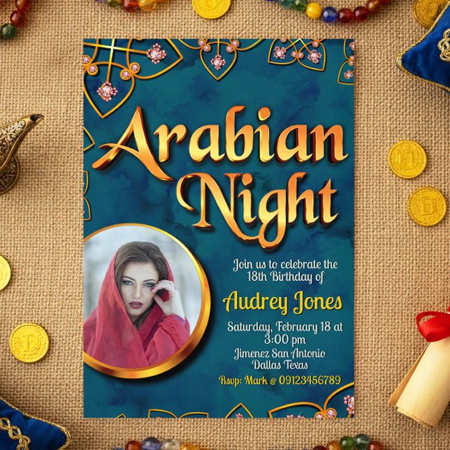 Invitation Nuit arabe avec photo Turquoise (Arabian Night with Photo Turquoise Invitation)
