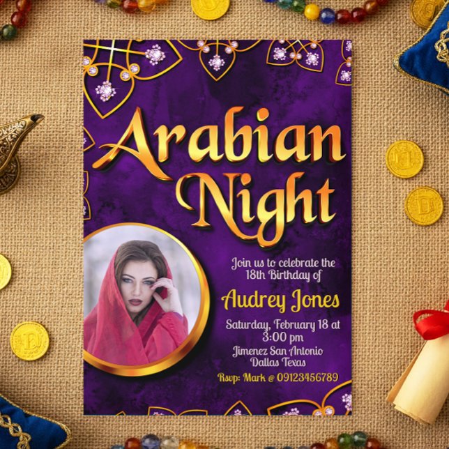 Invitation Nuit arabe avec photo - Violet (Arabian Night with Photo - Violet Invitation)