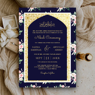 Invitation Nuit Bleue Rose Floral Or Arche Mariage Musulman