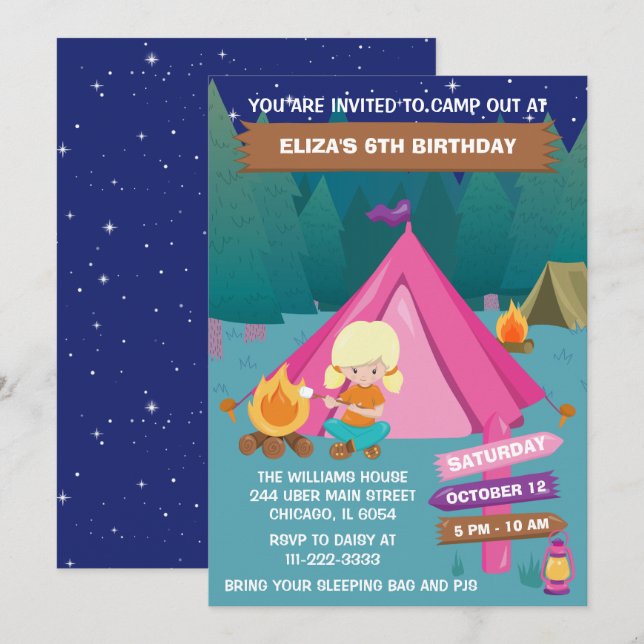 Invitation Nuit Camping Anniversaire Fête Blonde Hair Girl In (Devant / Derrière)
