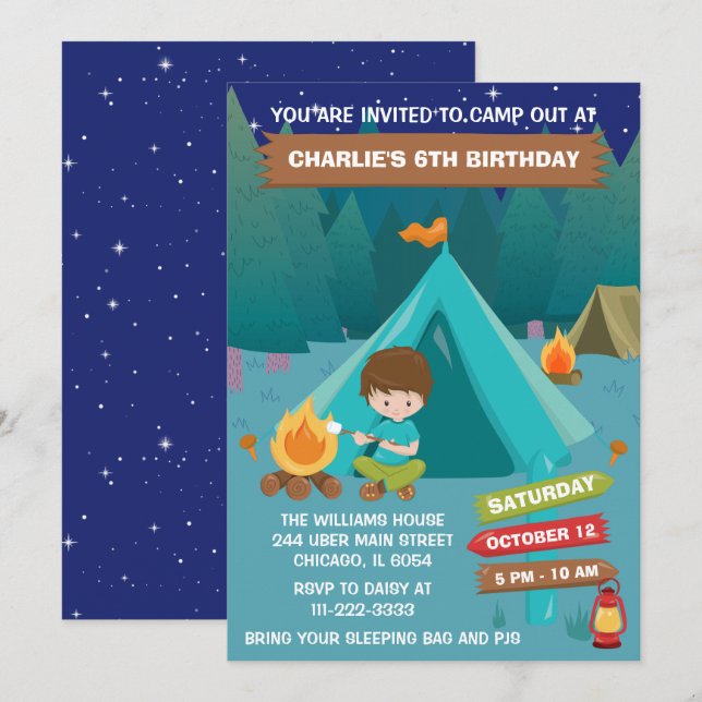 Invitation Nuit Camping Anniversaire Fête des cheveux Brown G (Devant / Derrière)