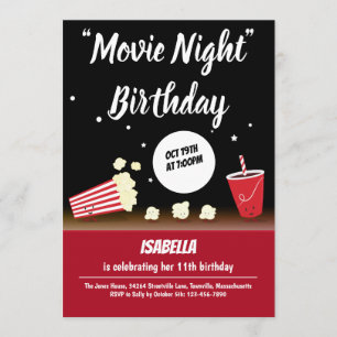 Invitation Nuit de cinéma Anniversaire Popcorn Boire Black Re