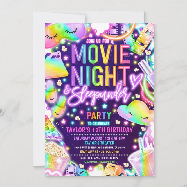 Invitation Nuit de cinéma Sleepunder Neon Rainbow Anniversair (Devant)
