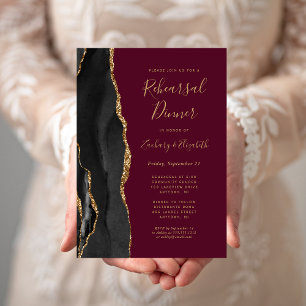 Invitation Nuit de répétition de mariage Black Gold Agate Bur
