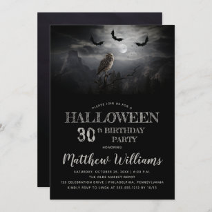 Invitation Nuit Eerie Owl Bats Halloween 30e fête d'anniversa