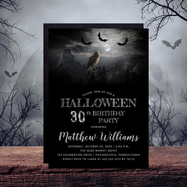 Invitation Nuit Eerie Owl Bats Halloween 30e fête d'anniversa (Eerie Owl and Bats Spooky Night 30th Birthday Party Invitation)