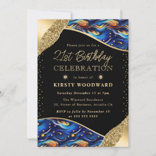 Invitation Nuit étoilée bleue et jaune 21e anniversaire