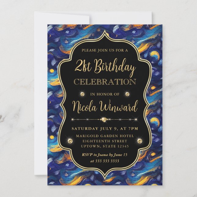 Invitation Nuit étoilée bleue et jaune 21e anniversaire (Devant)