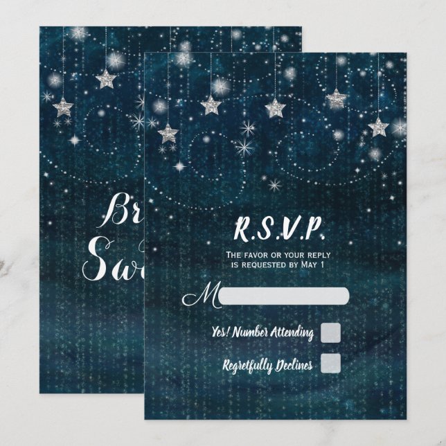 Invitation Nuit étoilée enchantée Argent et Parti bleu RSVP (Devant / Derrière)