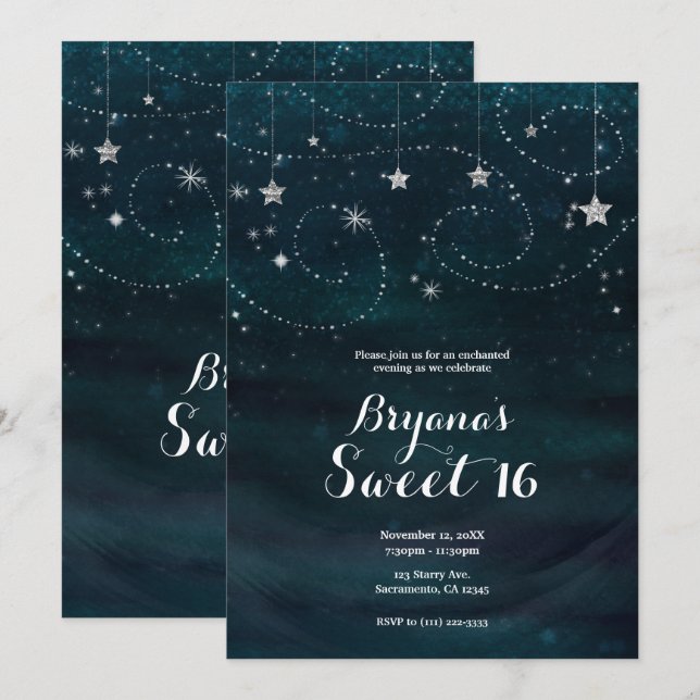 Invitation Nuit étoilée enchantée Silver & Blue Party (Devant / Derrière)