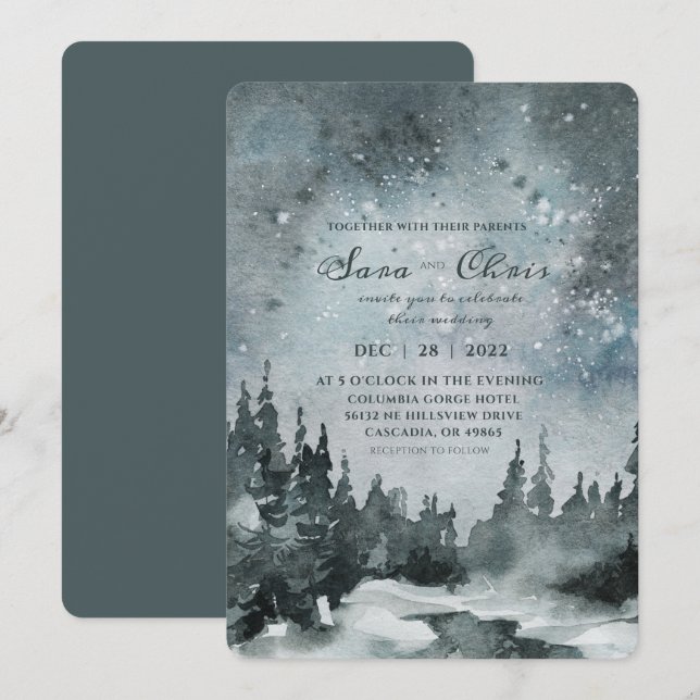 Invitation Nuit étoilée | Mariage d'aquarelle de forêt (Devant / Derrière)