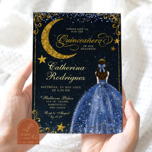 Invitation Nuit étoilée Quinceanera or et bleu foncé